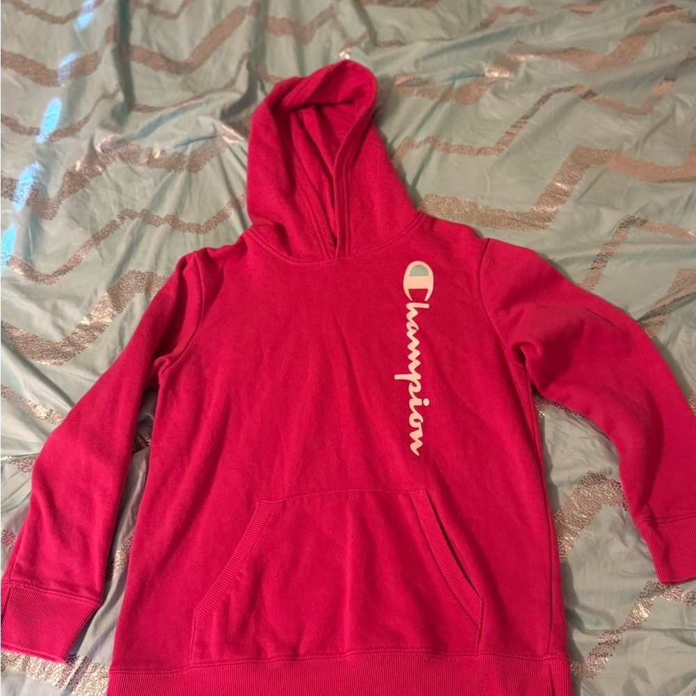 Girls Champion Bold Pink Pullover Hoodie with white vertical logo. Size XL.